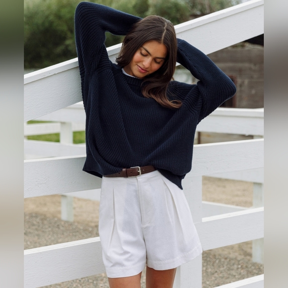 Jenni Kayne Sweaters - Jenni Kayne Navy Blue 100% Cotton Fisherman Crew Neck Slouchy Sweater Size Small